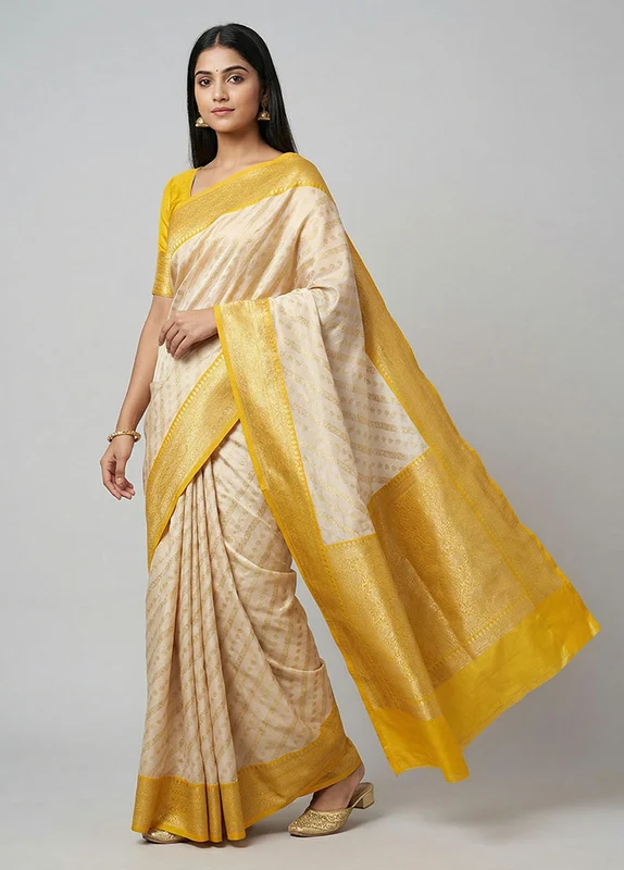 Cream Tissue Silk Saree With Blouse Piece One Size