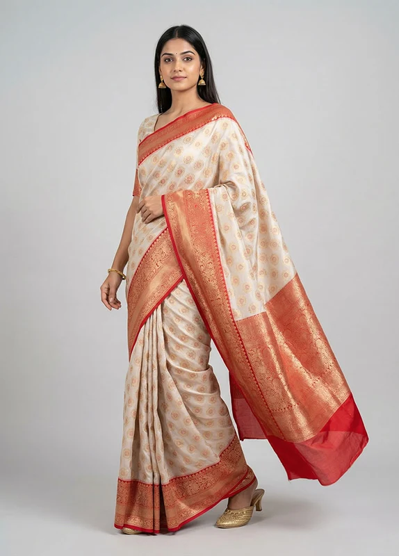 Cream Tissue Silk Saree With Blouse Piece One Size