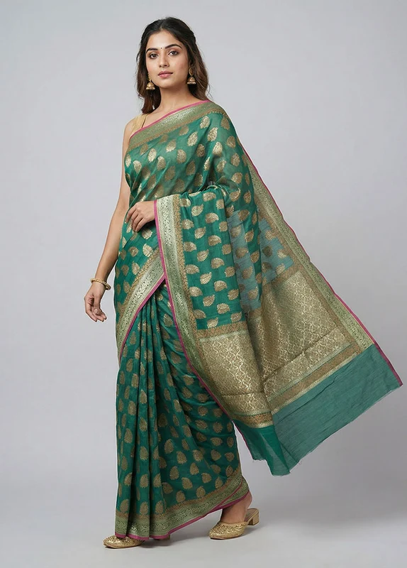 Green Kora Silk Saree With Blouse Piece One Size