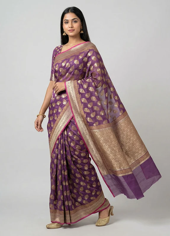 Purple Kora Silk Saree With Blouse Piece One Size