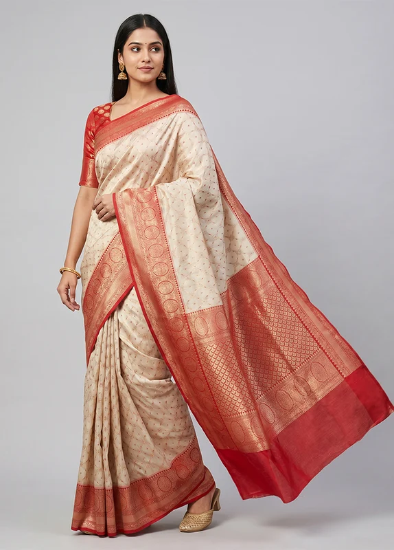 Cream Tissue Silk Saree With Blouse Piece One Size