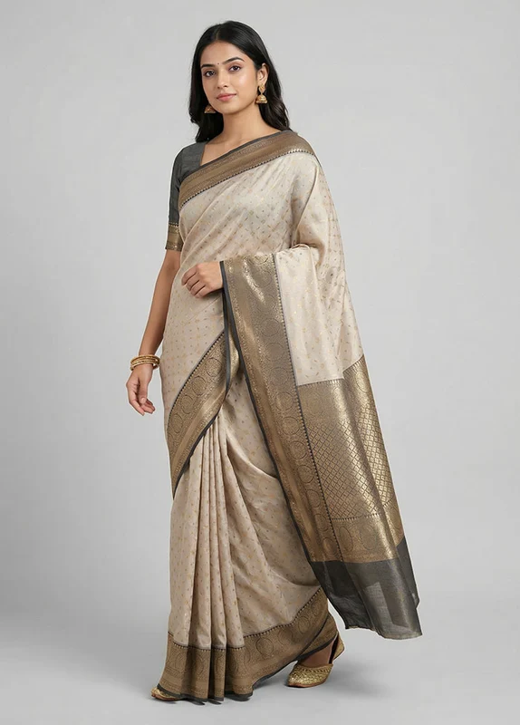 Cream Tissue Silk Saree With Blouse Piece One Size