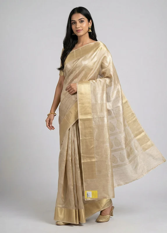 Cream Tissue Silk Saree With Blouse Piece One Size