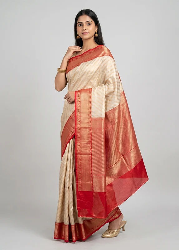 Cream Tissue Silk Saree With Blouse Piece One Size