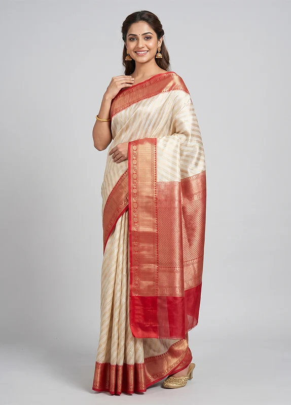 Cream Tissue Silk Saree With Blouse Piece One Size