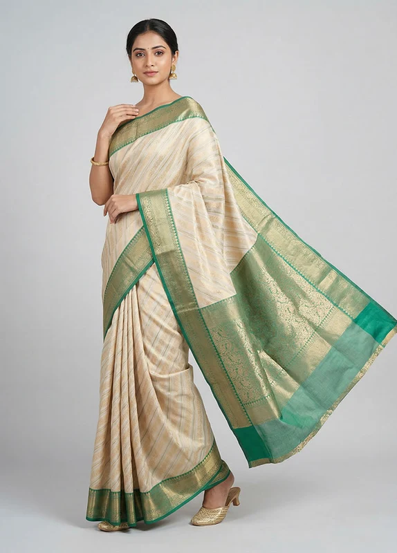 Cream Tissue Silk Saree With Blouse Piece One Size