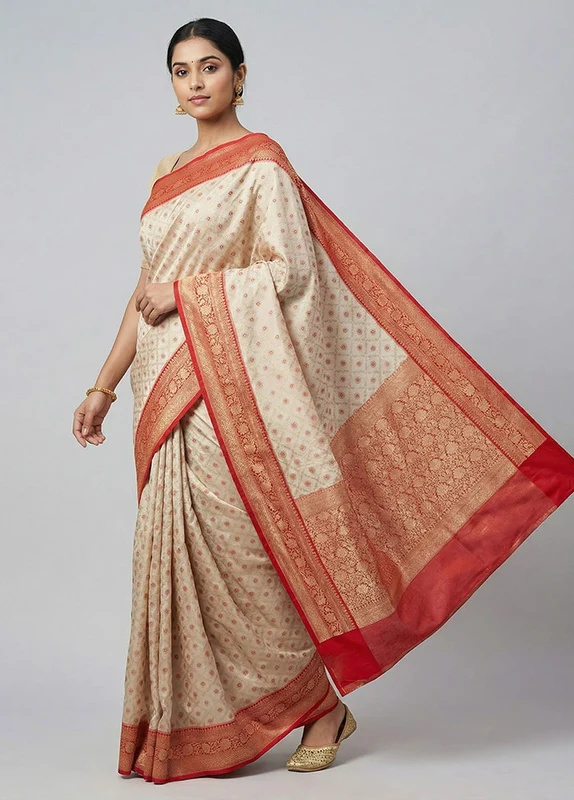 Cream Tissue Silk Saree With Blouse Piece One Size