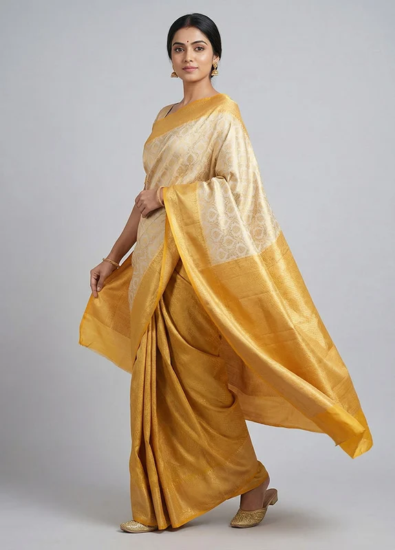 Cream Tissue Silk Saree With Blouse Piece One Size