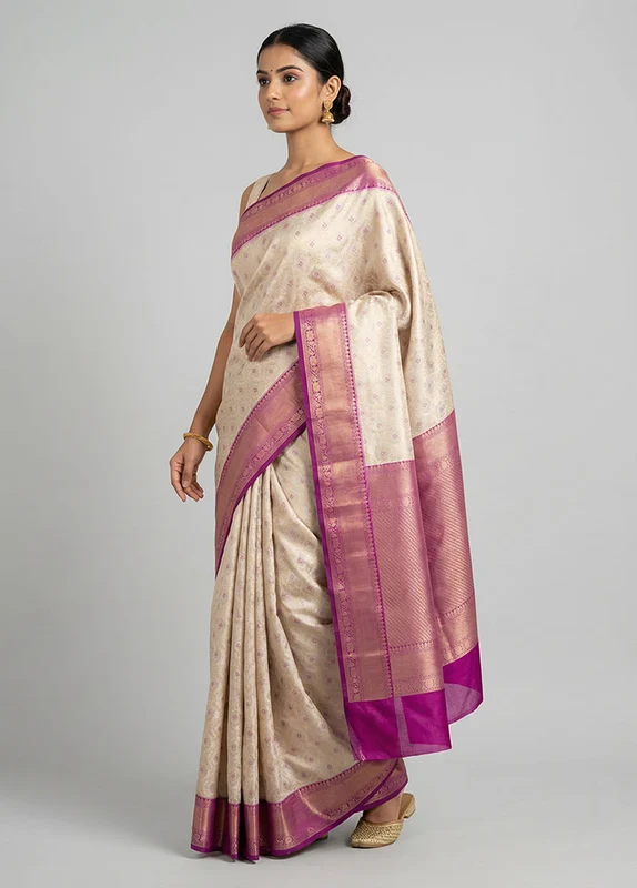 Cream Tissue Silk Saree With Blouse Piece One Size