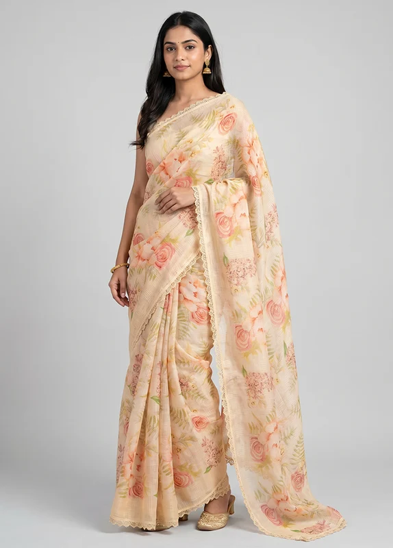 Cream Linen Silk Saree With Blouse Piece One Size