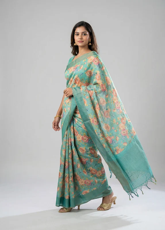Green Handloom Tussar Pure Silk Saree With Blouse Piece One Size
