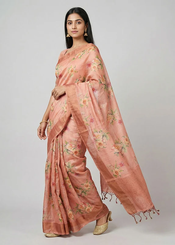 Pink Handloom Tussar Pure Silk Saree With Blouse Piece One Size