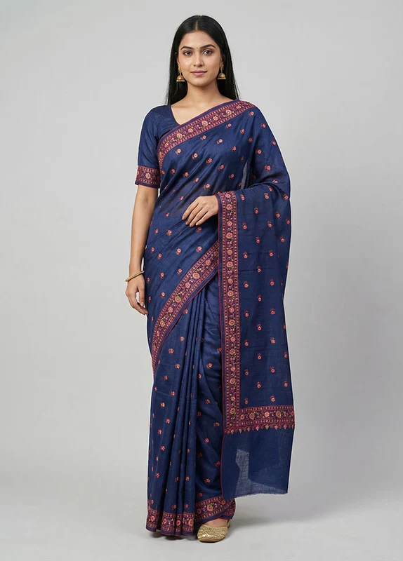 Blue Handloom Tussar Pure Silk Saree With Blouse Piece One Size