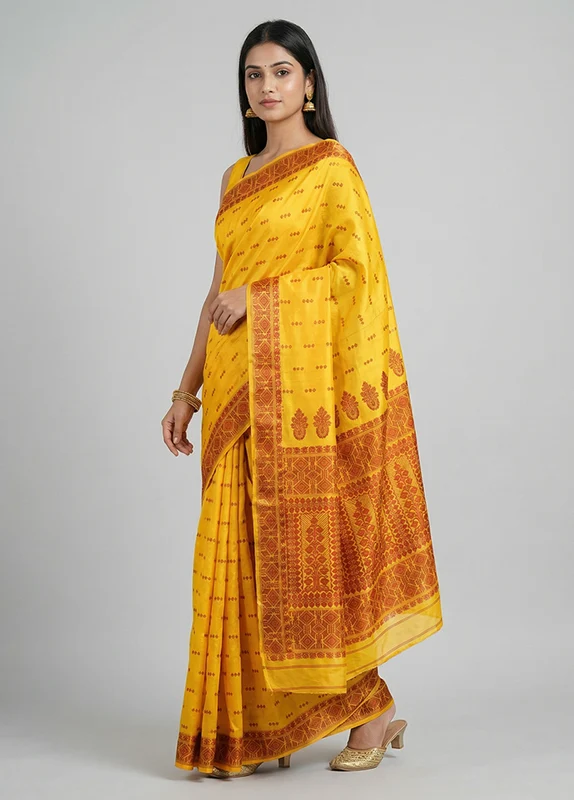 Yellow Handloom Assam Pure Silk Saree With Blouse Piece One Size