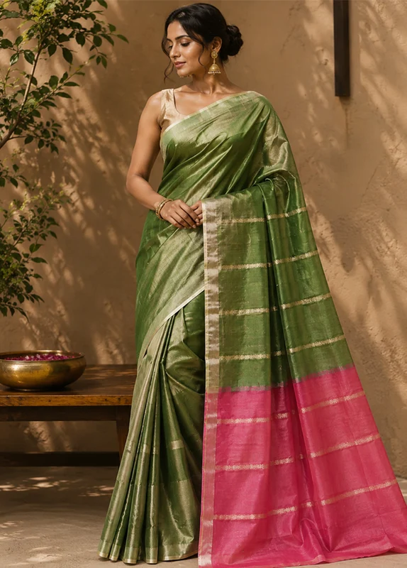 Green Handloom Kanchipuram Pure Silk Saree With Blouse Piece One Size