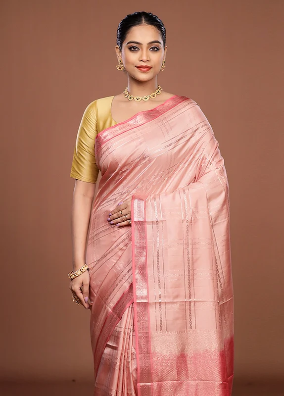 Pink Handloom Kanchipuram Pure Silk Saree With Blouse Piece One Size