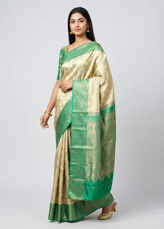 Green Handloom Kanchipuram Pure Silk Saree With Blouse Piece One Size