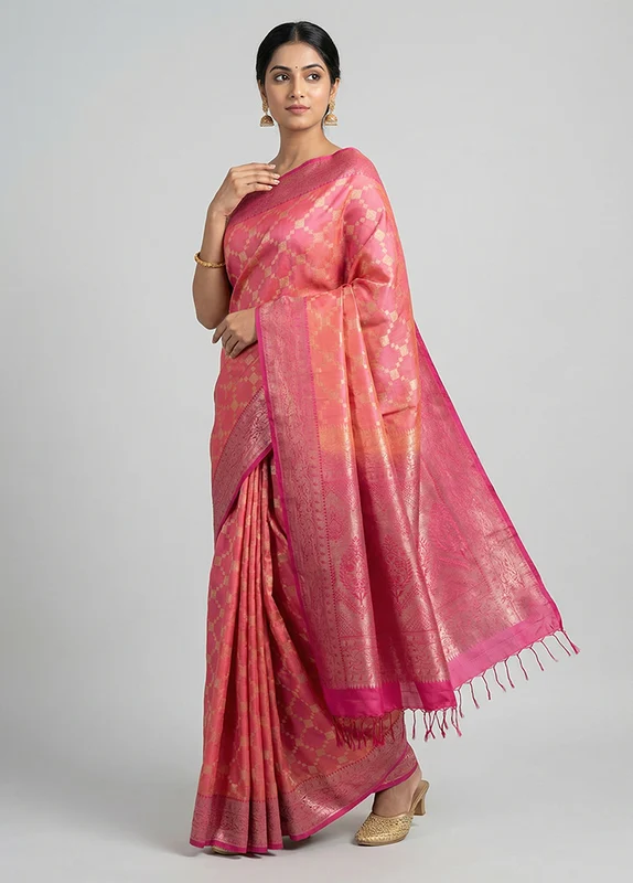 Pink Handloom Kanchipuram Pure Silk Saree With Blouse Piece One Size
