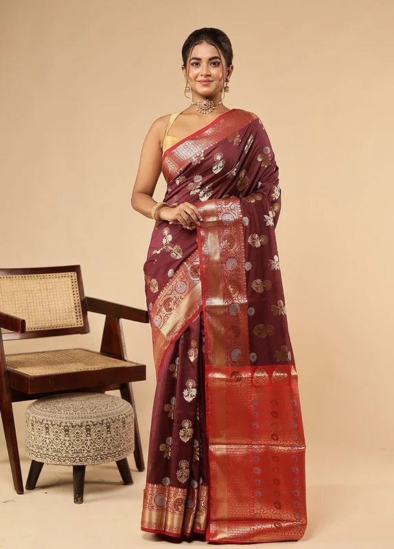 Maroon Katan Silk Saree With Blouse Piece One Size