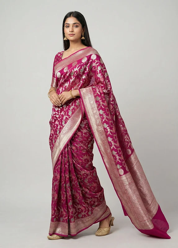 Pink Dupion Silk Saree With Blouse Piece One Size