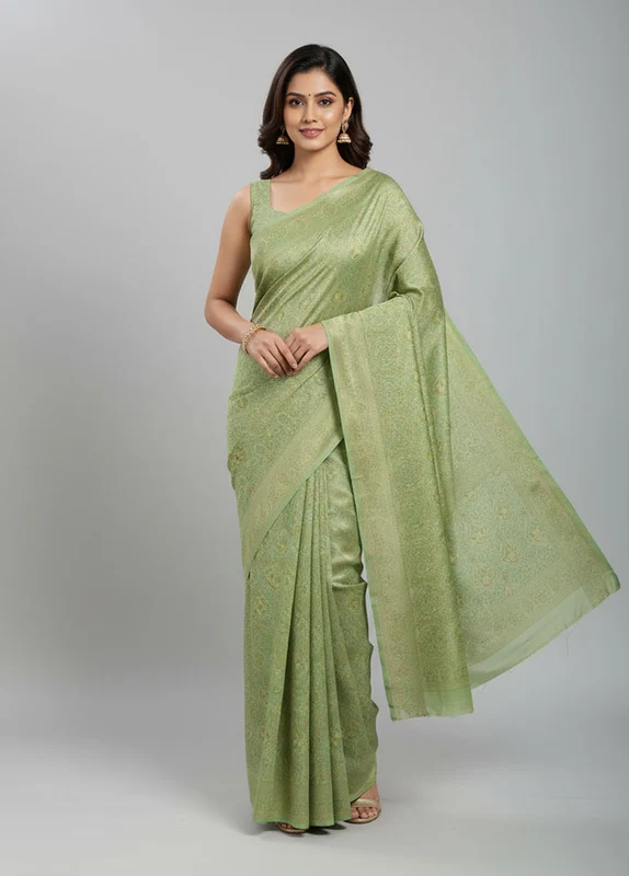 Green Jamewar Silk Saree With Blouse Piece One Size