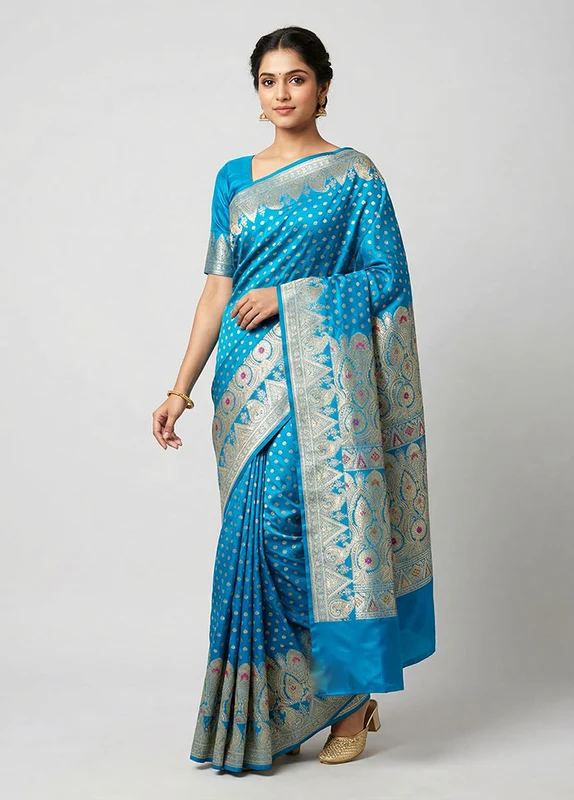 Blue Handloom Banarasi Pure Silk Saree With Blouse Piece One Size
