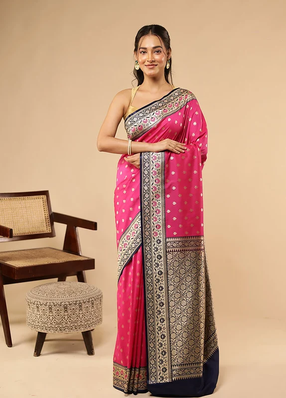 Pink Dupion Silk Saree With Blouse Piece One Size