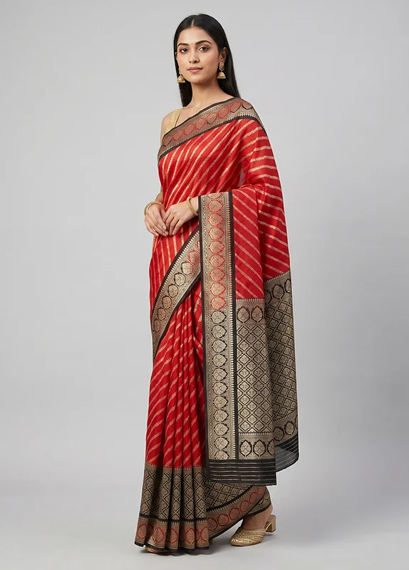 Red Dupion Silk Saree With Blouse Piece One Size