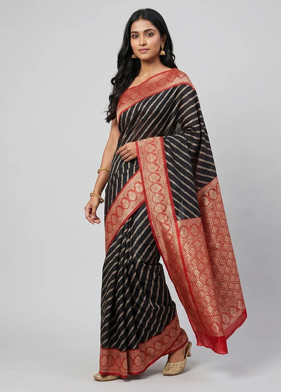 Blue Dupion Silk Saree With Blouse Piece One Size