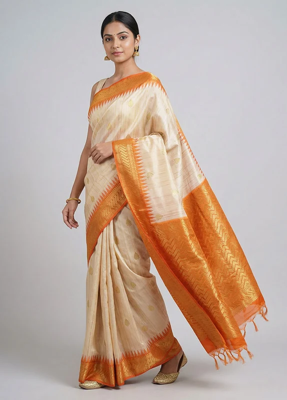 Cream Tussar Silk Saree With Blouse Piece One Size