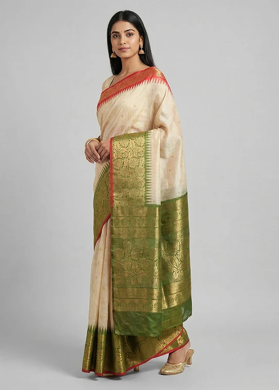 Cream Tussar Silk Saree With Blouse Piece One Size