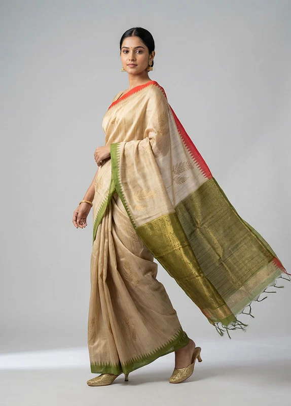 Cream Tussar Silk Saree With Blouse Piece One Size