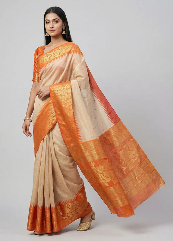 Cream Tussar Silk Saree With Blouse Piece One Size