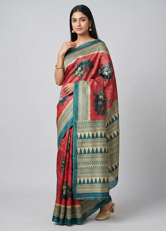 Pink Printed Silk Saree Without Blouse Piece One Size