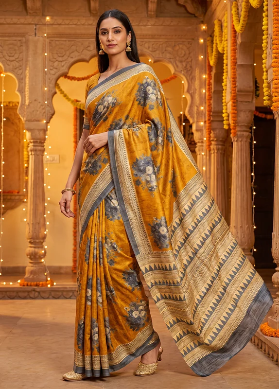 Yellow Printed Pure Silk Saree Without Blouse Piece One Size