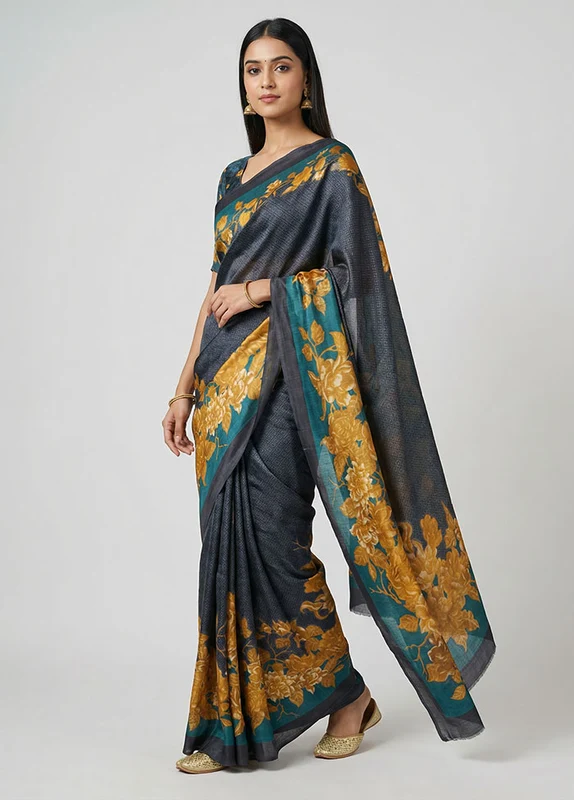 Grey Printed Silk Saree Without Blouse Piece One Size
