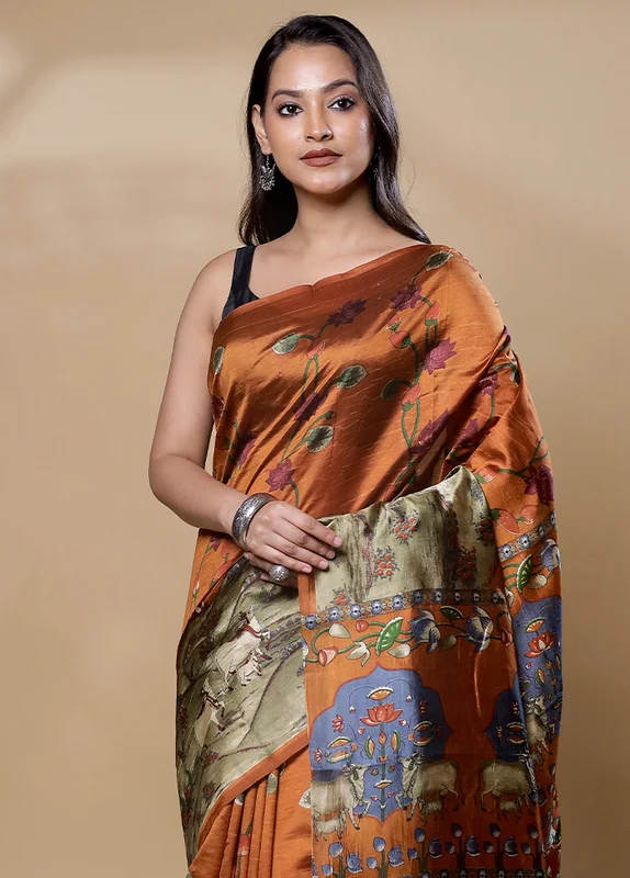 Rust Printed Pure Silk Saree Without Blouse Piece Onesize