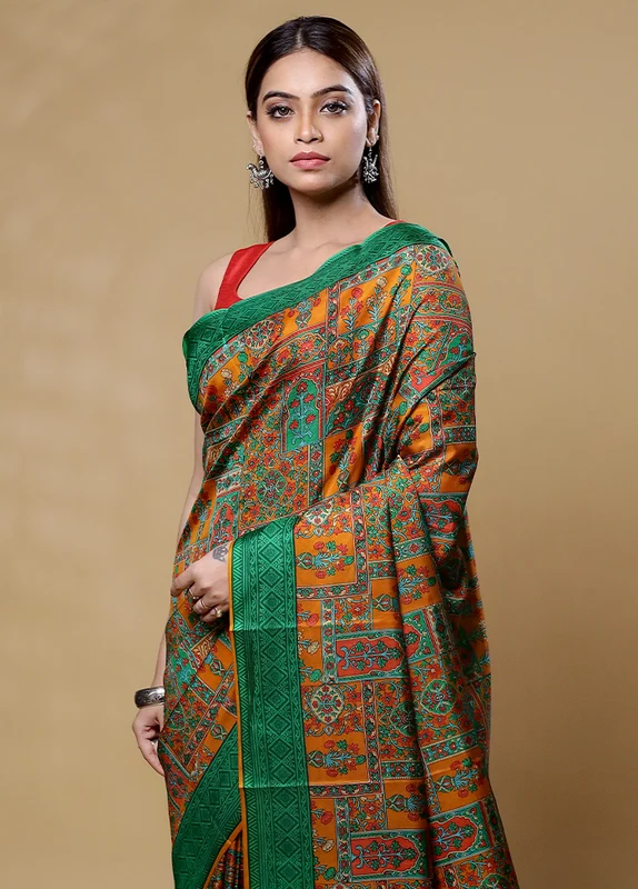 Green Printed Pure Silk Saree Without Blouse Piece Onesize