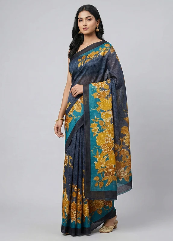 Black Printed Silk Saree Without Blouse Piece One Size