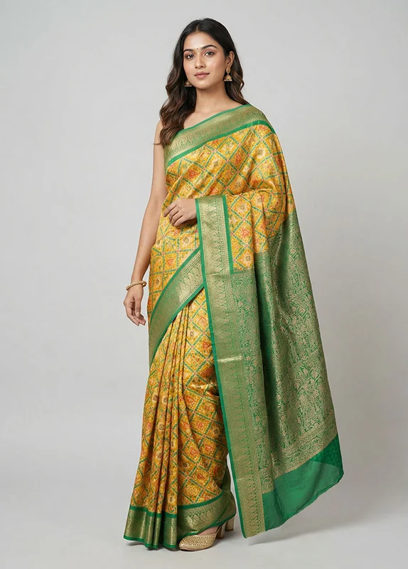 Yellow Printed Silk Saree Without Blouse Piece One Size