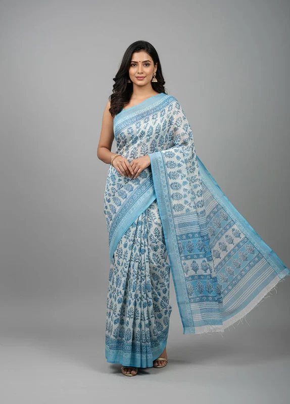 White Cotton Saree With Blouse Piece One Size