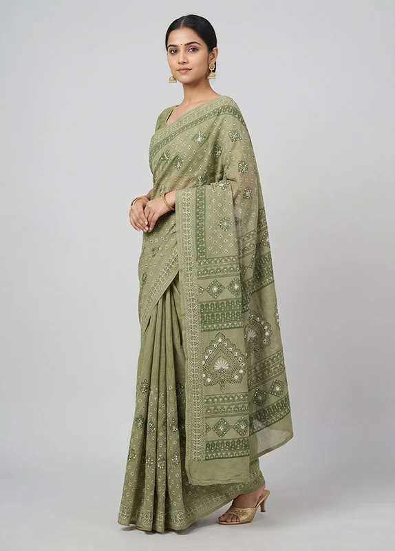 Green Cotton Saree With Blouse Piece One Size