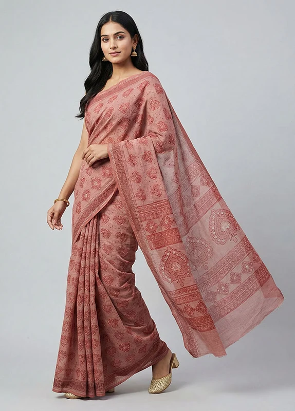Pink Cotton Saree With Blouse Piece One Size