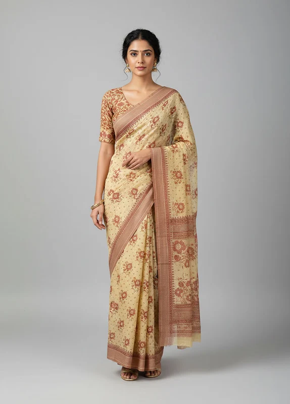 Cream Cotton Saree With Blouse Piece One Size