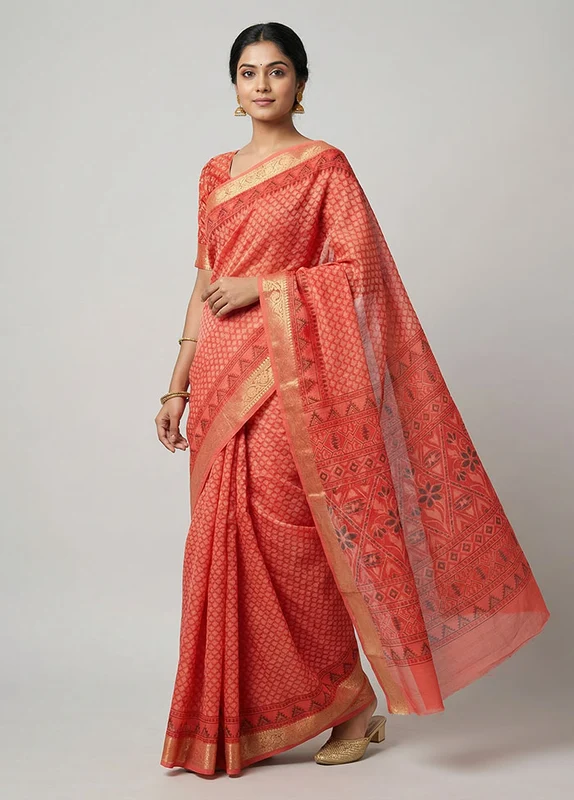 Multicolor Cotton Saree With Blouse Piece One Size