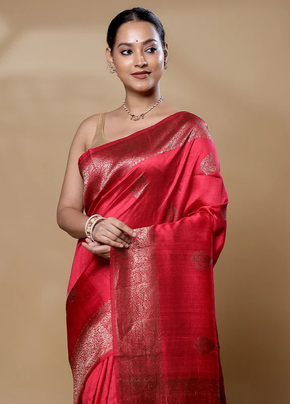 Pink Handloom Tussar Pure Silk Saree With Blouse Piece Onesize