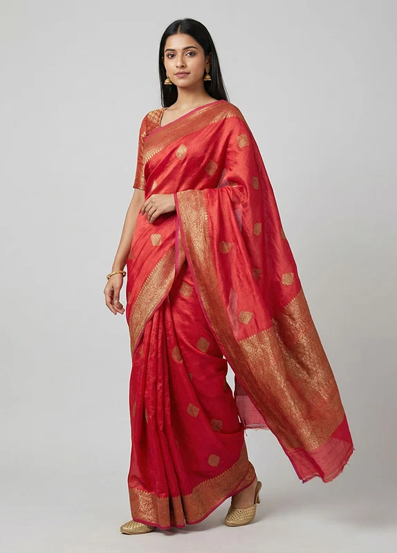 Red Handloom Tussar Pure Silk Saree With Blouse Piece One Size