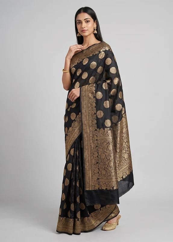 Black Handloom Pure Georgette Saree With Blouse Piece One Size