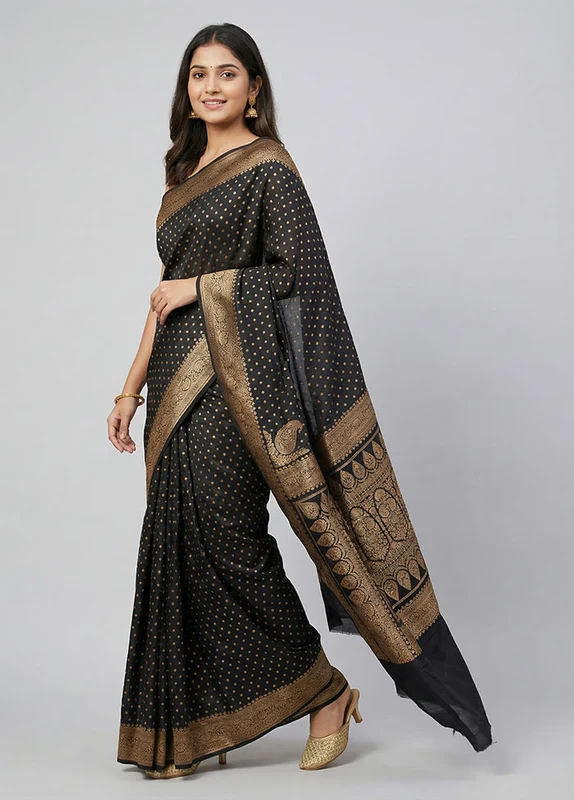 Black Handloom Pure Georgette Saree With Blouse Piece One Size