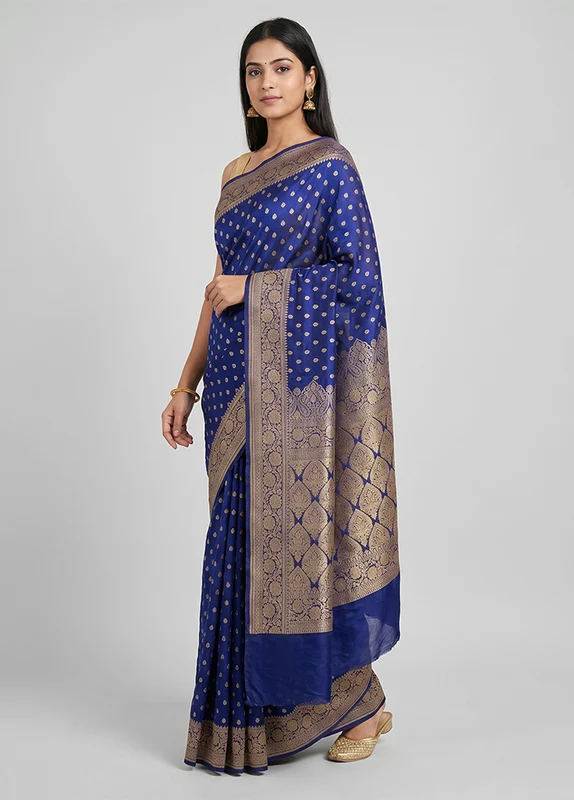 Blue Handloom Pure Georgette Saree With Blouse Piece One Size